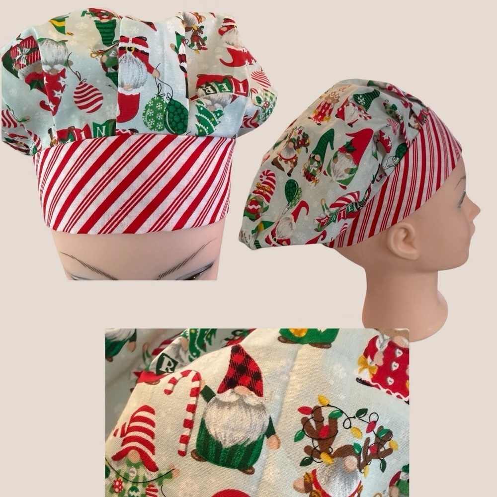 Scrub Cap with Holiday Gnome Print.